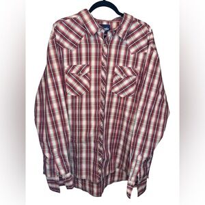 Mens Wrangler Red and White Plaid Snap Button Longsleeve
